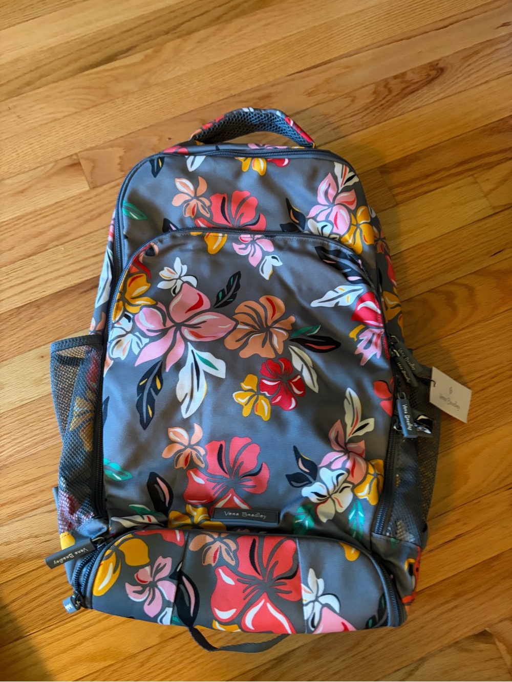 Vera Bradley Gray Floral Print Backpack with Pink and Yellow orange red Blooms